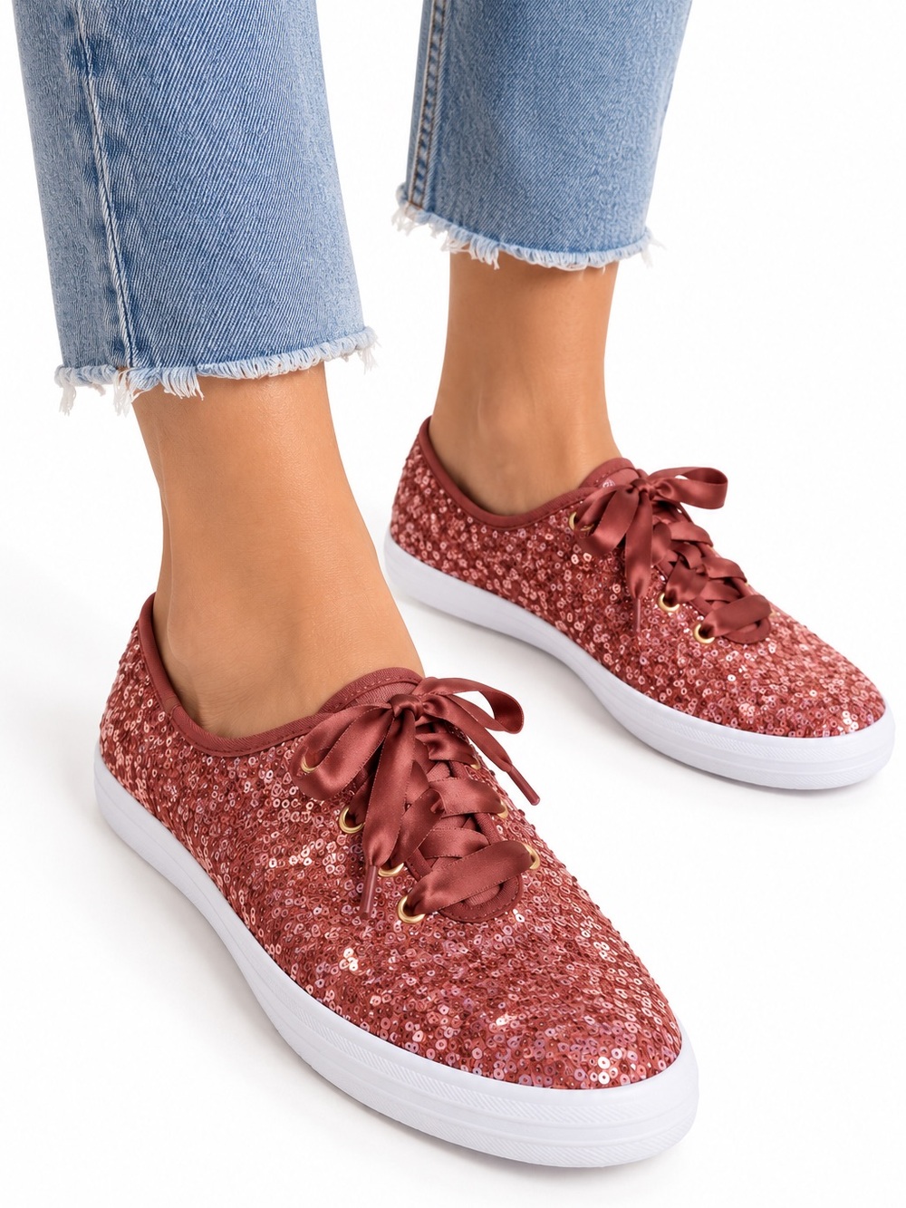 Keds Rose Gold Sequin Sneakers – Satin Ribbon Laces - size 10